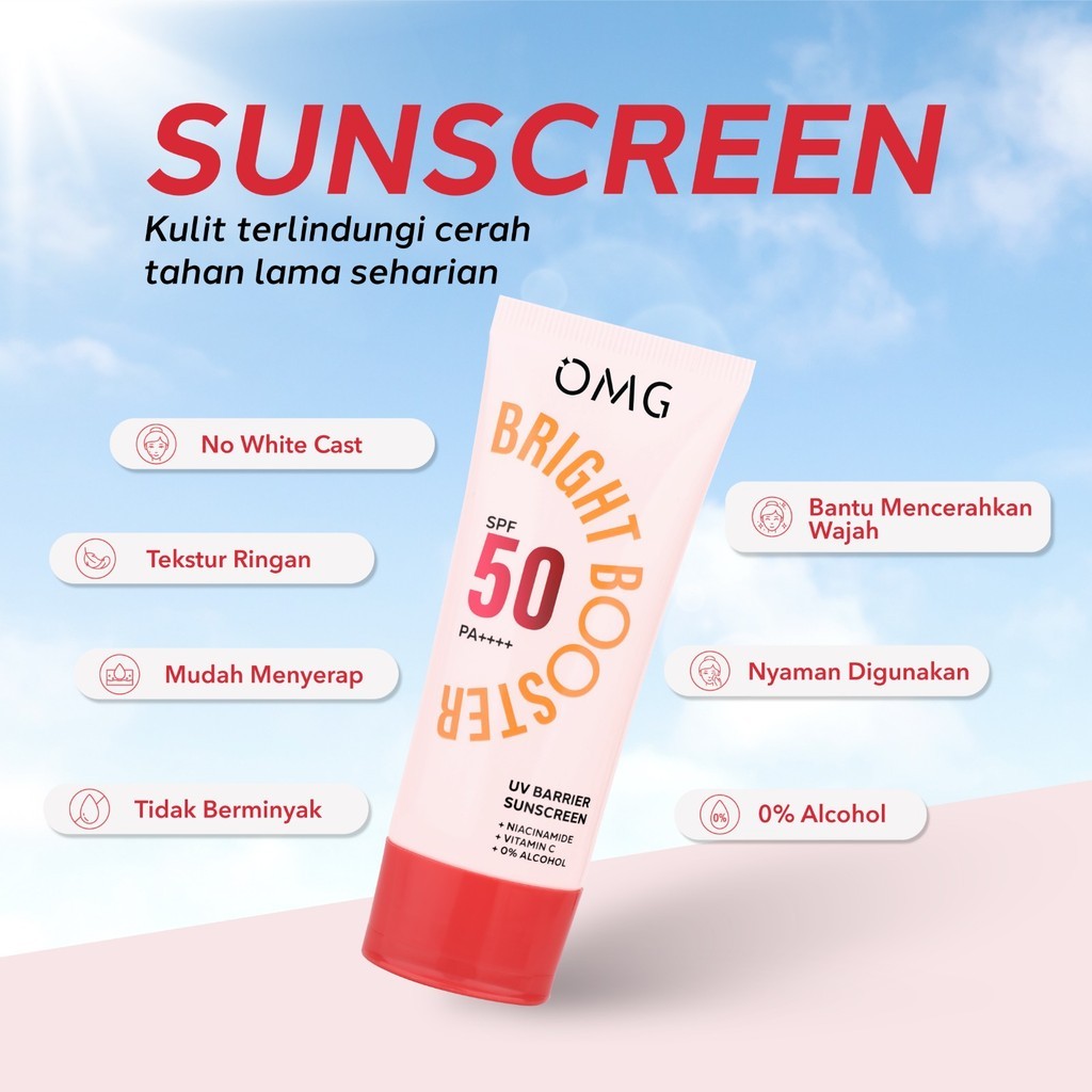 omg oh my glow uv barrier sunscreen spf 50 pa++++ 25ml/bright tone up/acne and oil control /tabir surya omg oh my glow uv barrier sunscreen spf 50 pa++++ 25ml/bright tone up/acne and oil control /tabir surya